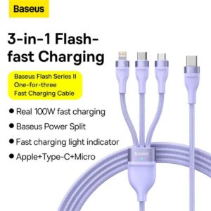 Baseus Flash series Ⅱ Cavo di ricarica rapida 3-in-1 da tipo-C a M+L+C 100W 1,5m viola (CASS030205)