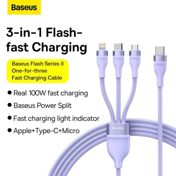 Baseus Série Flash Ⅱ Câble de recharge rapide 3 en 1 Type-C vers M+L+C 100W 1.5m violet (CASS030205) – Image 4