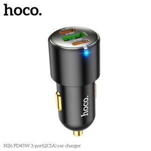 Hoco NZ6 PD 45W Chargeur de voiture à 3 ports (2x USB-C / 1x USB-A), noir