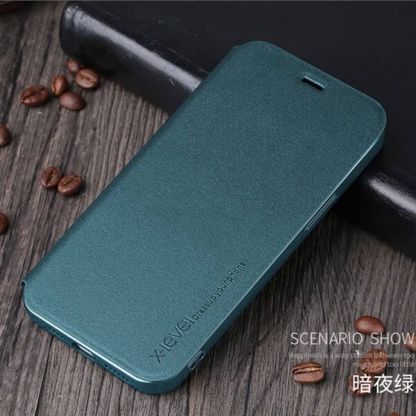 iPhone 12 / 12 Pro - Etui Flip X-Level FIBColor, similicuir, protection intégrale 360°, vert foncé – Image 3