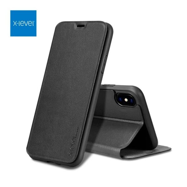 iPhone 12 / 12 Pro - Etui Flip X-Level FIBColor, similicuir, protection intégrale 360°, noir