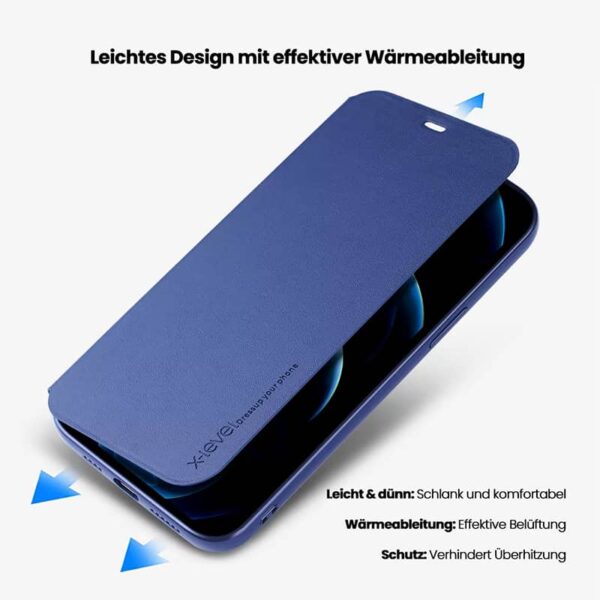 iPhone 12 Pro Max - Etui Flip X-Level FIBColor, similicuir, protection intégrale 360°, bleu foncé – Image 5