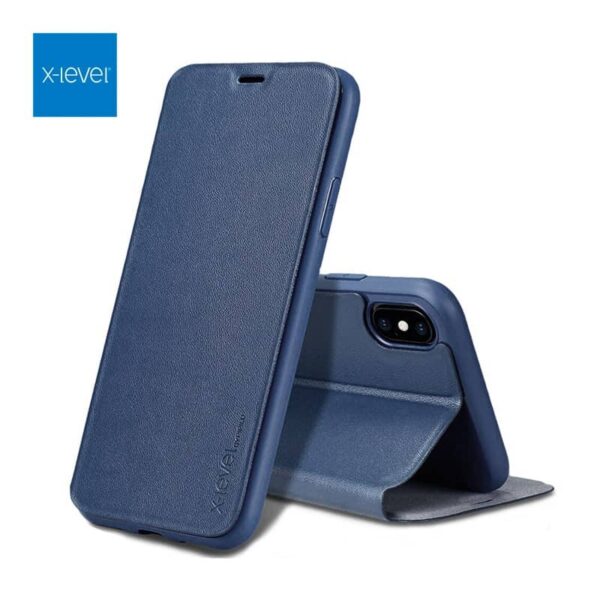 iPhone 12 Pro Max - Etui Flip X-Level FIBColor, similicuir, protection intégrale 360°, bleu foncé