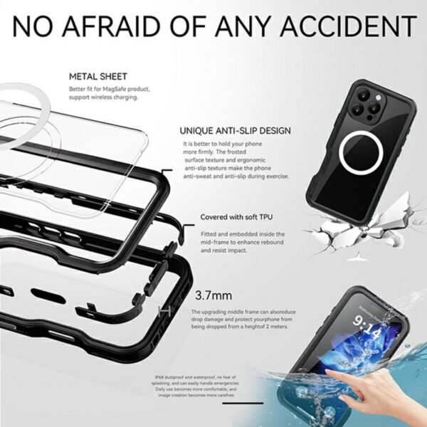 Apple iPhone 16 Pro - Custodia impermeabile per esterni Redpepper IP68 Dot Series con funzione MagSafe, nero - immagine 3