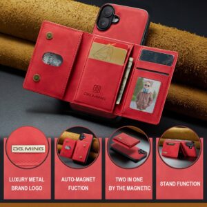 iPhone 16 - DG.MING Etui, Leder-Optik, Kartenfach & Magnetverschluss, Rot