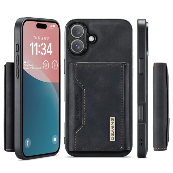 iPhone 16 - DG.MING Etui, Leder-Optik, Kartenfach & Magnetverschluss, Schwarz