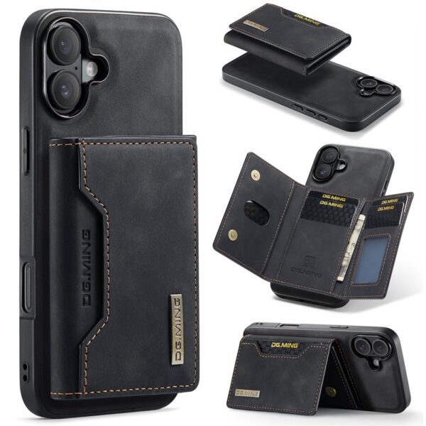 iPhone 16 - DG.MING Etui, Leder-Optik, Kartenfach & Magnetverschluss, Schwarz – Bild 3